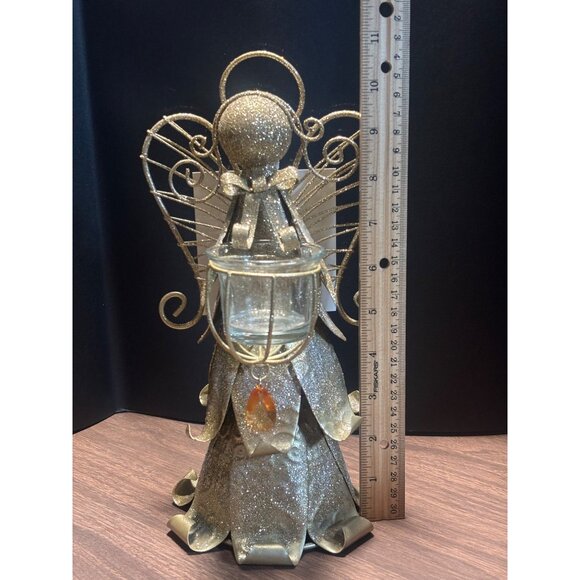 Cracker Barrel Gold Glitter Angel Tealight Candle Holder With Glass Cup - Picture 9 of 11